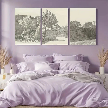 3pcs Sketch Country Landscape by Morandi Metal Print Ready to Hang Art