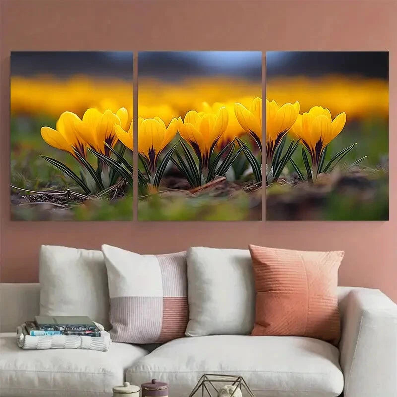 3pcs Vibrant Golden Yellow Crocus Field Metal Print Ready to Hang Art - Bella Home Decor