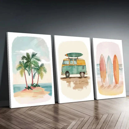 3pcs Coastal Vibes With A Kombi Van   Wall Art Set Canvas Framed 60x90cm - High Quality Print 100% Australian Made Wall Canvas Ready to Hang - Bella Home Decor
