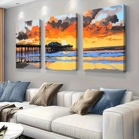 3pcs Abstract Coastal Sunset Pier Seascape Art Set Canvas Framed 50x70cm - High Quality Print 100% Australian Made Wall Canvas Ready to Hang