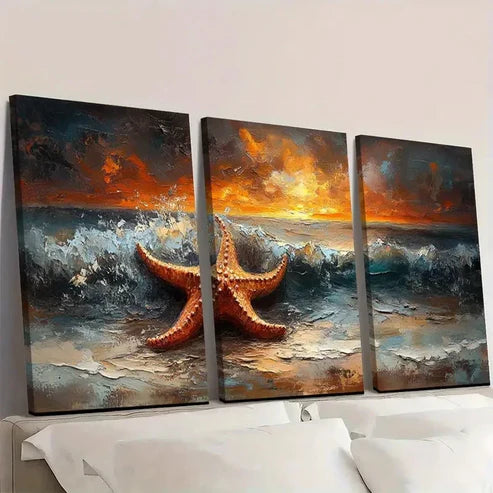 3pcs Whimsical Starfish Ocean Sunset er Wall Art Set Canvas Unframed - High Quality Print 100% Australian Made Wall Canvas - Bella Home Decor