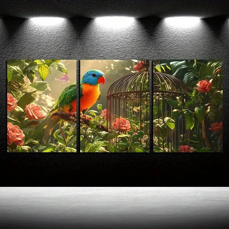 3pcs Vibrant Tropical Parrot and Cage with Floral Metal Print Ready to Hang Art - Bella Home Decor