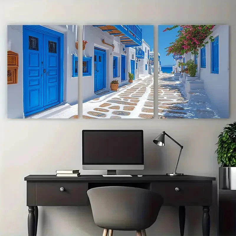 3pcs Street with Blue doors Mykonos Island Greece Metal Print Ready to Hang Art - Bella Home Decor