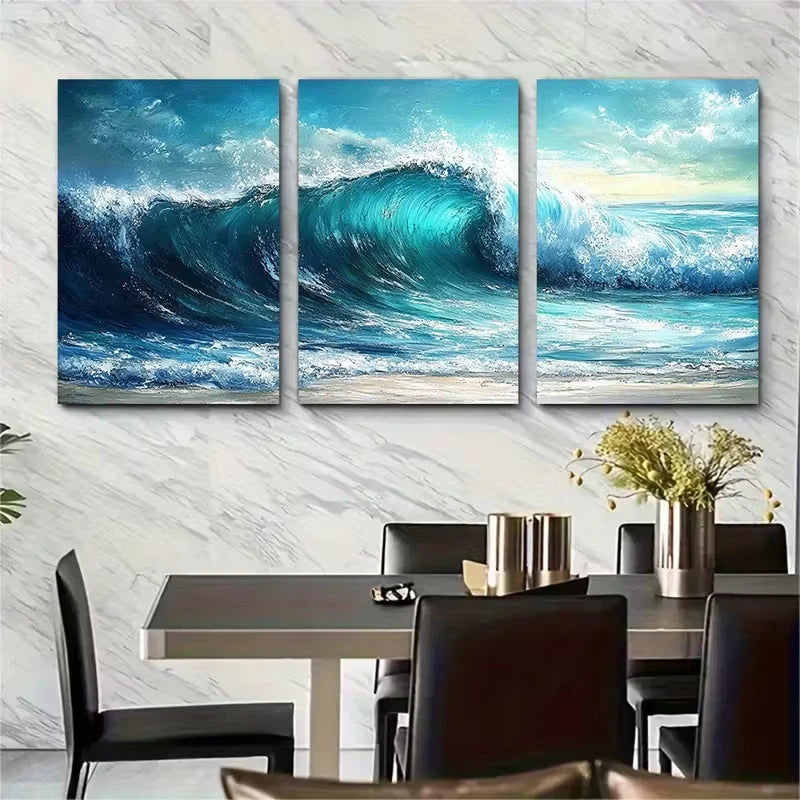 3pcs Turquoise Blue Seascape Wave Metal Print Ready to Hang Art
