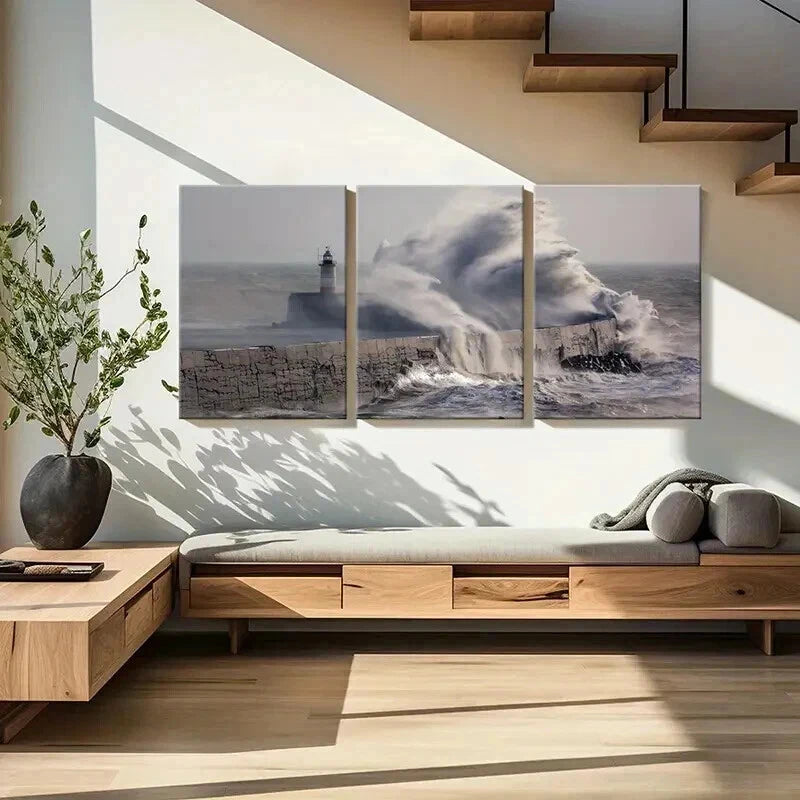 3pcs Pier Huge Waves Lighthouse Sea Wall Art Set Canvas Framed 40x60cm - High Quality Print 100% Australian Made Wall Canvas Ready to Hang - Bella Home Decor