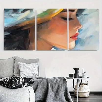 3pcs Elegant Abstract Woman Chic Hat Metal Print Ready to Hang Art