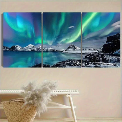 3pcs Aurora Borealis Over Mountains Wall Art Set Canvas Framed 60x90cm - High Quality Print 100% Australian Made Wall Canvas Ready to Hang - Bella Home Decor