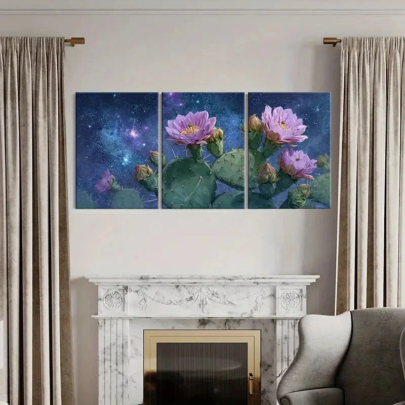 3pcs Set of Vibrant Cactus Flower Cosmic Theme Metal Print Ready to Hang Art - Bella Home Decor