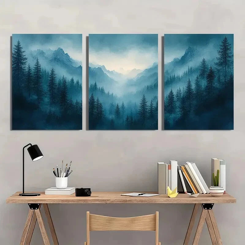 3pcs Misty Blue & Emerald Green Mountain Landscape Metal Print Ready to Hang Art - Bella Home Decor