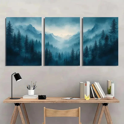 3pcs Misty Blue & Emerald Green Mountain Landscape Metal Print Ready to Hang Art - Bella Home Decor