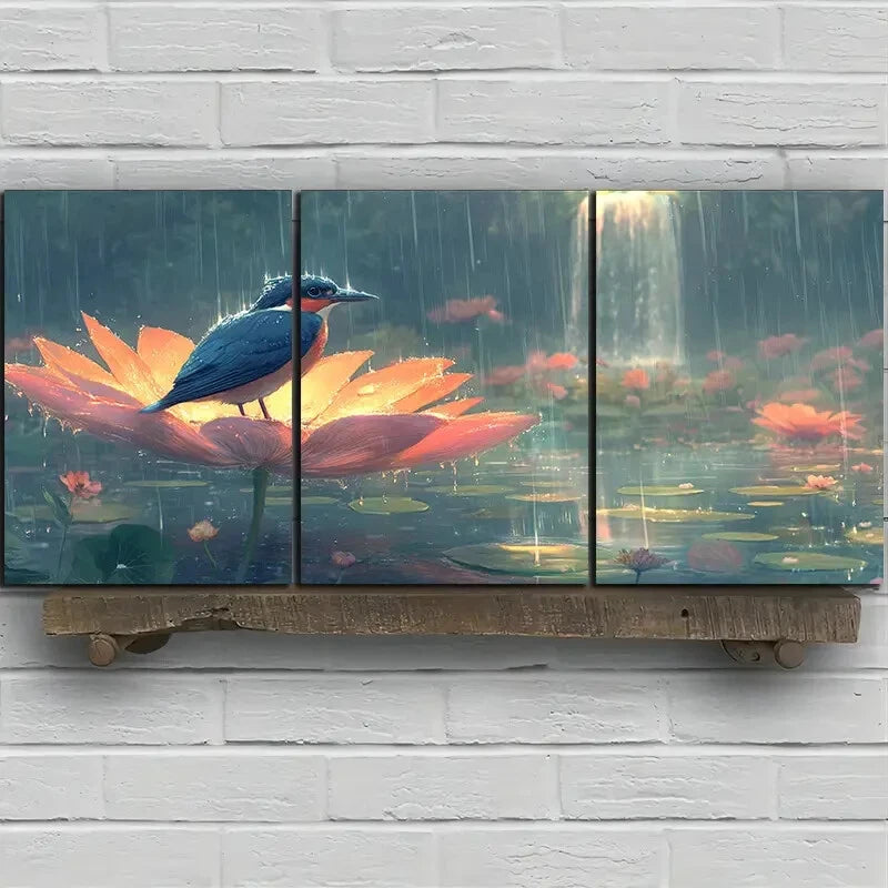 3pcs The bird On The Petals Waterfalls Metal Print Ready to Hang Art - Bella Home Decor
