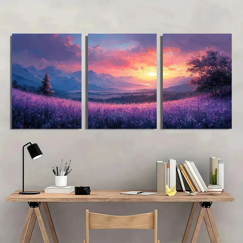 3pcs Soft Pastel Floral Fields with Mountains Metal Print Ready to Hang Art - Bella Home Decor