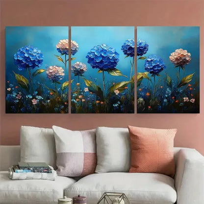 3pcs Hydrangea Floral Impasto Meadow Design Wall Art Canvas Unframed - High Quality Print 100% Australian Made Wall Canvas