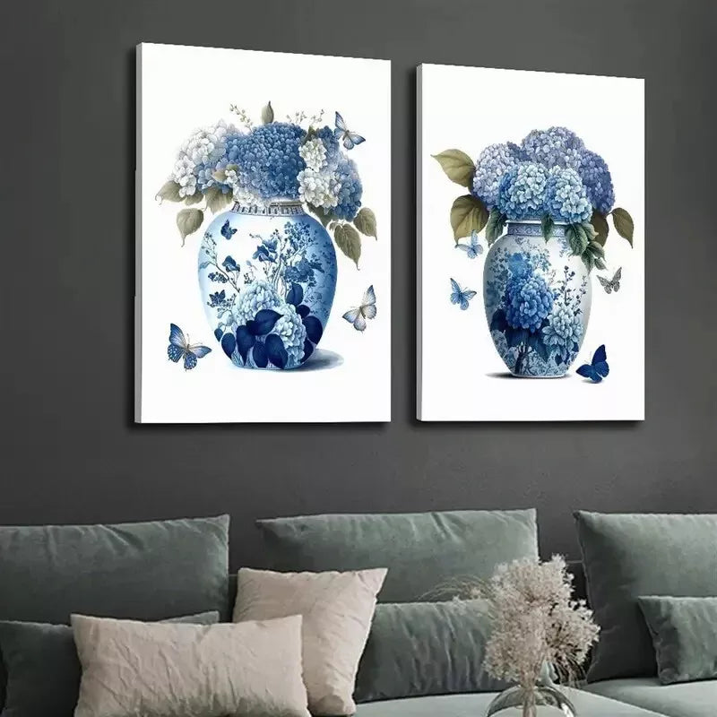 2pcs Blue Hydrangea Flowers and Navy Ginger Jar Blue Canvas Framed 50x75cm - High Quality Print 100% Australian Made Wall Canvas Ready to Hang - Bella Home Decor