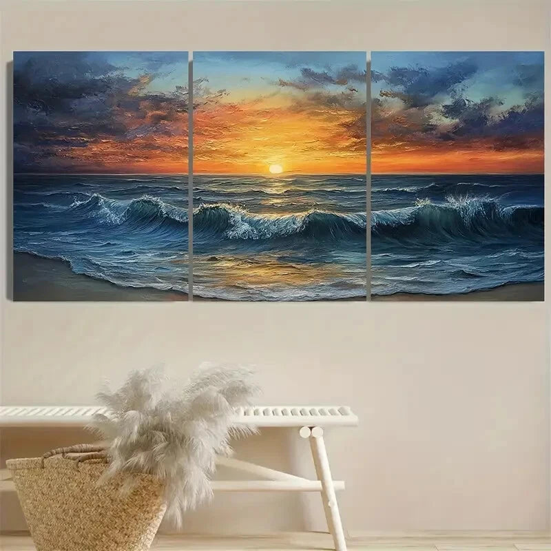 3pcs Serene Coastal Waves Ocean Sunset Beach Metal Print Ready to Hang Art - Bella Home Decor