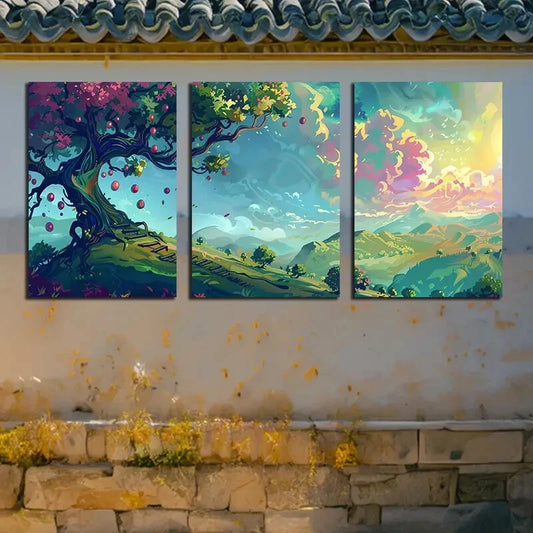 3pcs Orchard Landscape Vibrant Nature Scenes Metal Print Ready to Hang Art