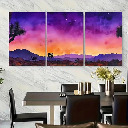 3pcs Purple Sky & Cacti Silhouettes Metal Print Ready to Hang Art
