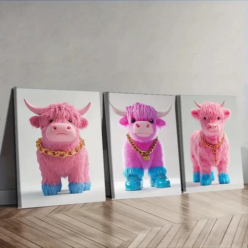 3pcs Pink Highland Cattle Wall Art Canvas Unframed - High Quality Print 100% Australian Made Wall Canvas