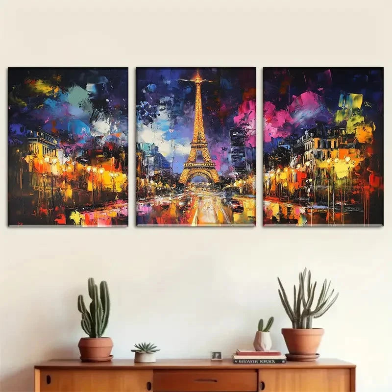 3pcs Eiffel Tower Abstract Night Scene Paintings Metal Print Ready to Hang Art - Bella Home Decor