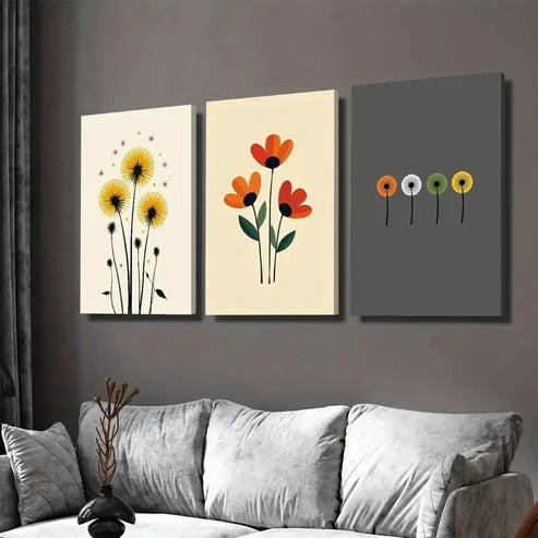 3pcs Vibrant Floral & Dandelion Beige, Red Wall Art Set Canvas Unframed - High Quality Print 100% Australian Made Wall Canvas