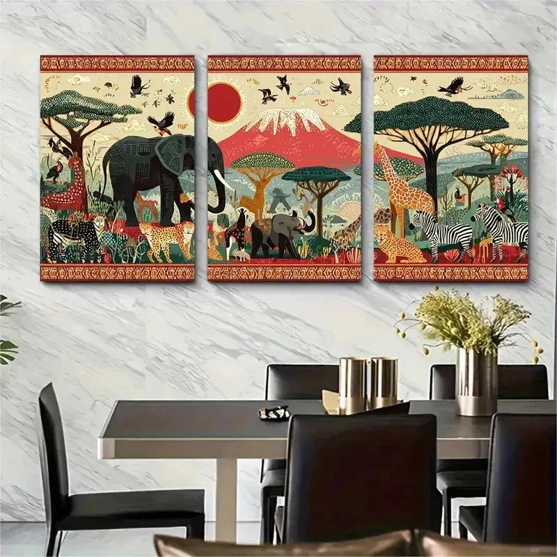 3pcs African Travel Tanzania Poster Perfect Wall Art Set Canvas Framed 50x70cm - High Quality Print 100% Australian Made Wall Canvas Ready to Hang - Bella Home Decor