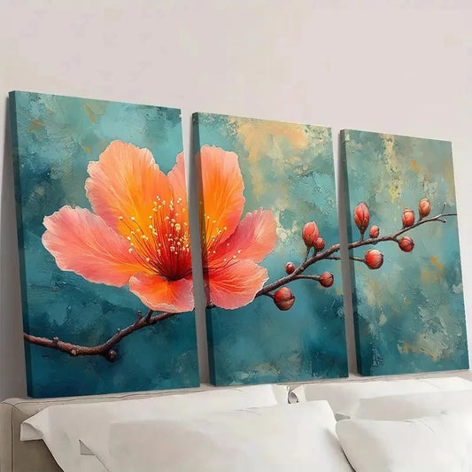 3pcs Albizia Flower Vibrant Orange VO Wall Art Set Canvas Framed 50x70cm - High Quality Print 100% Australian Made Wall Canvas Ready to Hang