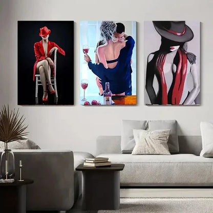 3pcs Women in Red & Black, Wine Glass, Hats Wall Art Canvas Unframed - High Quality Print 100% Australian Made Wall Canvas