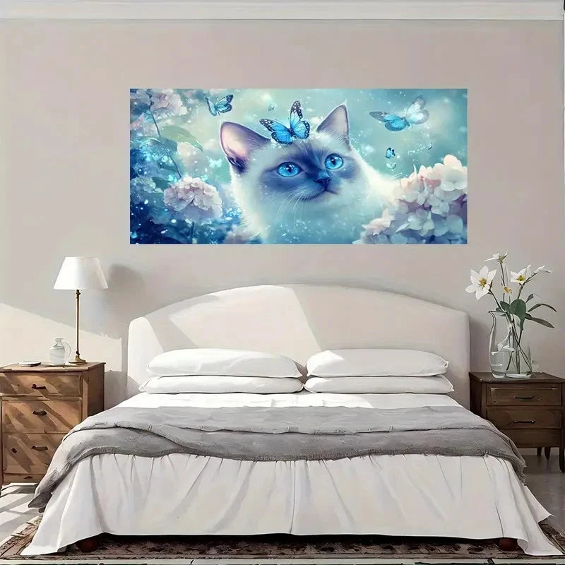 Blue Butterfly Fantasy Cat Wall Art Canvas Office Home Room Framed 120x60cm