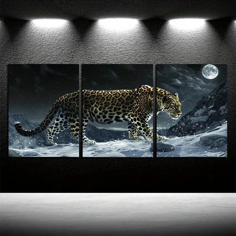 3pcs Leopard on the Mountain with Moon View Scene Metal Print Ready to Hang Art - Bella Home Decor