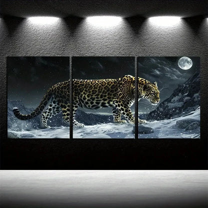 3pcs Leopard on the Mountain with Moon View Scene Metal Print Ready to Hang Art - Bella Home Decor