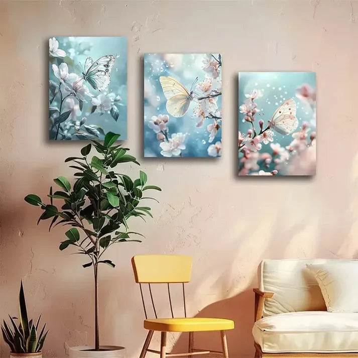 3pcs Butterfly and Floral Wall Art Canvas Unframed - High Quality Print 100% Australian Made Wall Canvas - Bella Home Decor