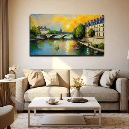 Romantic Parisian River Wall Art Canvas Office Home Room Framed 120x60cm