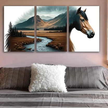 3pcs Horse Standing Indoors Scene Wall Art Set Canvas Framed 40x60cm - High Quality Print 100% Australian Made Wall Canvas Ready to Hang