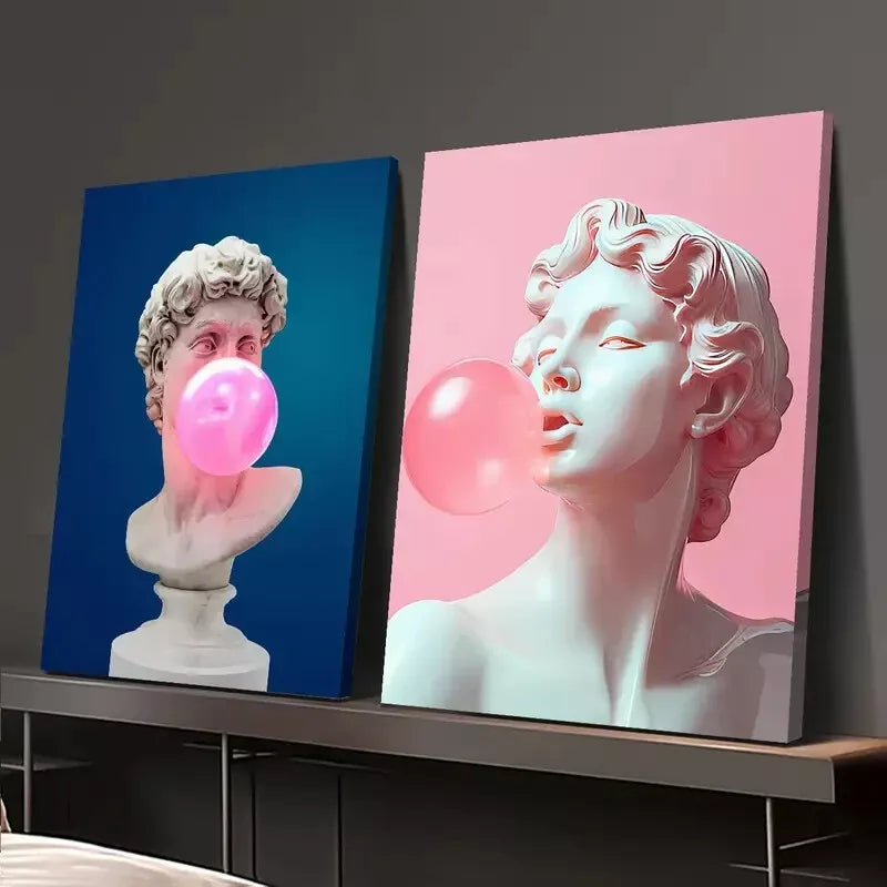 2pcs Whimsical David Bust & Pink Gum Bubbles Design Canvas Framed 50x75cm - High Quality Print 100% Australian Made Wall Canvas Ready to Hang - Bella Home Decor