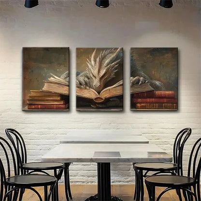 3pcs Wise Dragon Reading Books Mystical Perfect Wall Art Set Canvas Framed 50x70cm - High Quality Print 100% Australian Made Wall Canvas Ready to Hang - Bella Home Decor