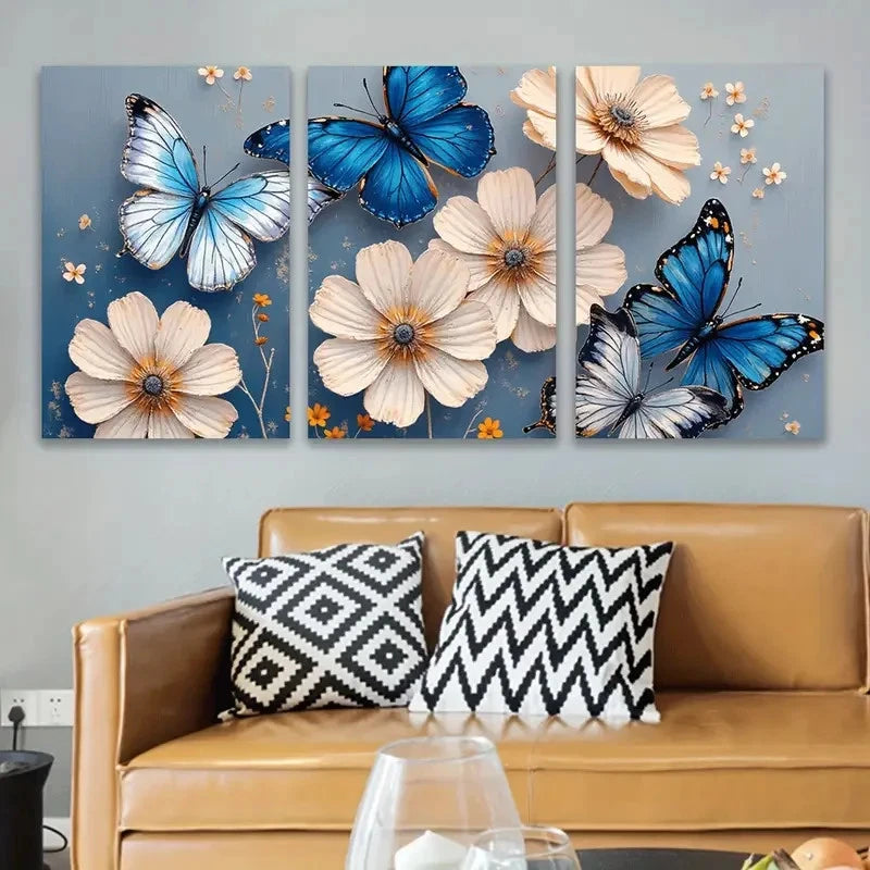 3pcs Blue Butterfly And White Art Wall Art Set Canvas Framed 50x70cm - High Quality Print 100% Australian Made Wall Canvas Ready to Hang - Bella Home Decor