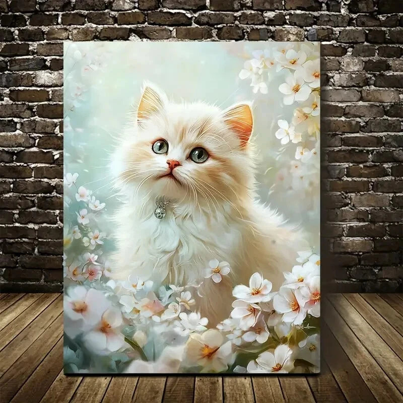 Cute Persian Cat Kitten with Flowers Painting 40x60cm Metal Print Ready to Hang - Bella Home Decor