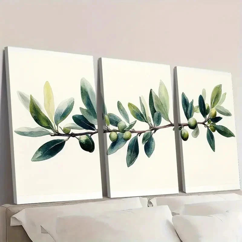 3pcs Olive Branch Watercolor Painting Set  ji   Wall Art Set Canvas Framed 60x90cm - High Quality Print 100% Australian Made Wall Canvas Ready to Hang - Bella Home Decor