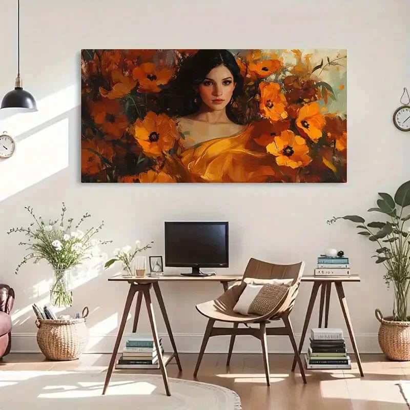 Vibrant Poppies Woman Portrait Wall Art Canvas Office Home Room Framed 120x60cm - Bella Home Decor