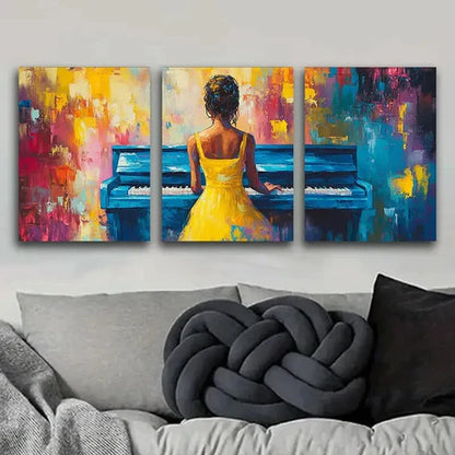 3pcs Piano Player Girl Yellow Beauty Perfect Wall Art Set Canvas Unframed - High Quality Print 100% Australian Made Wall Canvas