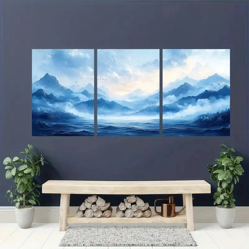 3pcs Abstract Landscape Blue Smoke Wave & Birds Metal Print Ready to Hang Art