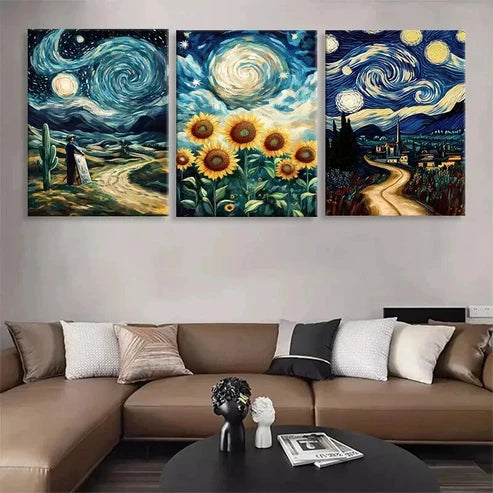 3pcs Starry Night Sunflower Swirl Sky  Art Set Canvas Unframed - High Quality Print 100% Australian Made Wall Canvas