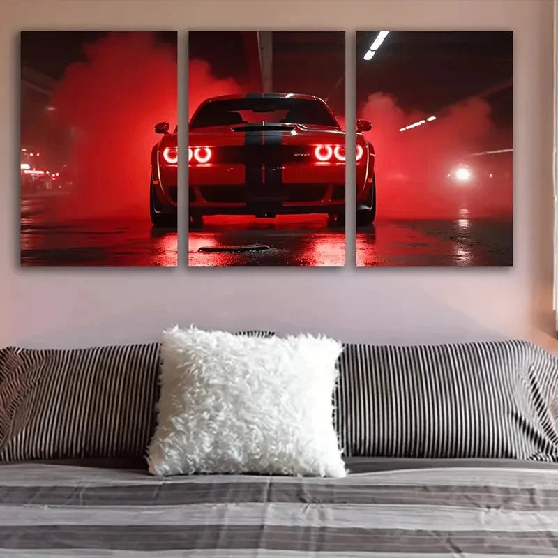 3pcs Red Sports Car Neon Glow Wall Art Set Canvas Framed 40x60cm - High Quality Print 100% Australian Made Wall Canvas Ready to Hang
