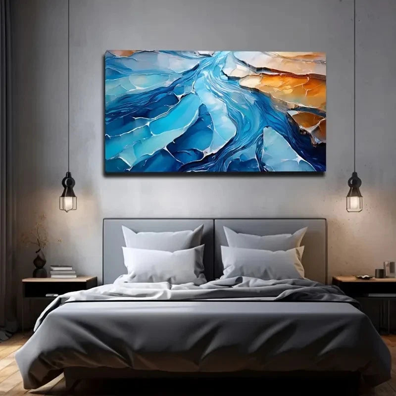 Abstract River Modern Blue Wall Art Canvas Office Home Room Framed 120x60cm