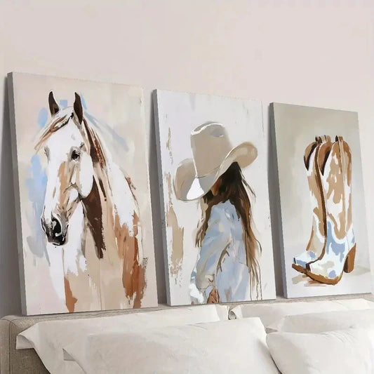3pcs Horse, Cowgirl, and Boots Watercolor Wall Art Set Canvas Framed 40x60cm - High Quality Print 100% Australian Made Wall Canvas Ready to Hang