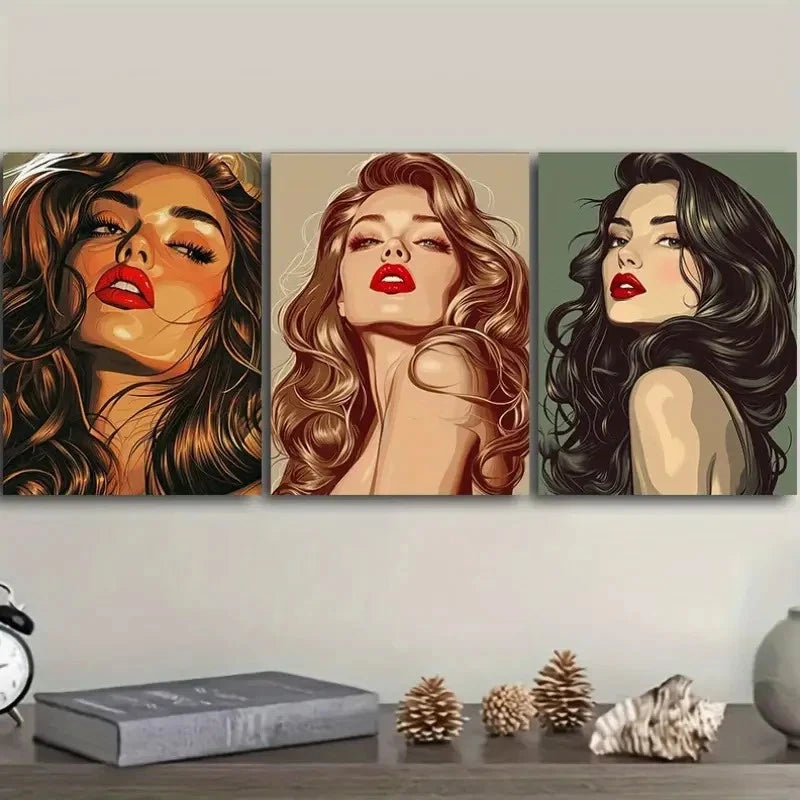 3pcs Portrait of Beautiful Woman Wall Art Set Canvas Framed 60x90cm - High Quality Print 100% Australian Made Wall Canvas Ready to Hang
