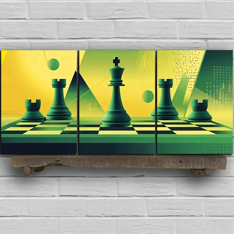 3pcs Green Chess Themed Game Yellow Metal Print Ready to Hang Art - Bella Home Decor