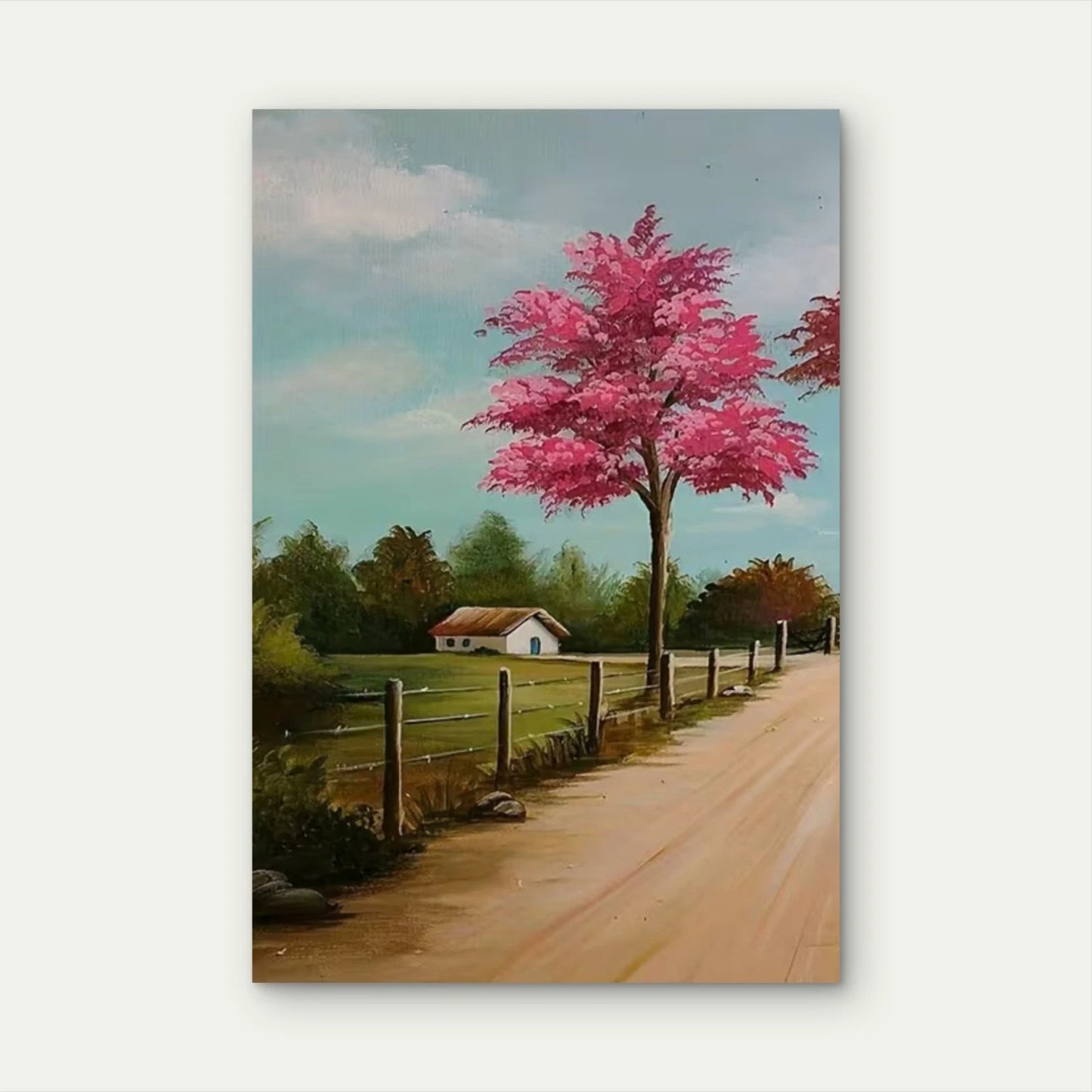 Vibrant Landscape with White Cottage & Winding Path Metal Print Ready to Hang