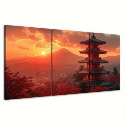 3pcs Japnese Temple Mount Fuji   Wall Art Set Canvas Framed 50x70cm - High Quality Print 100% Australian Made Wall Canvas Ready to Hang