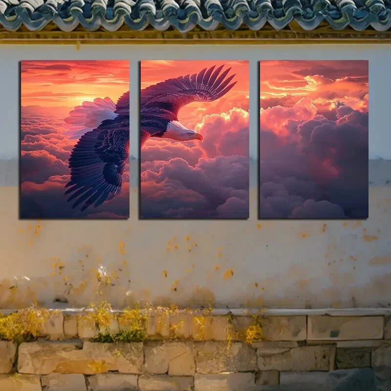 3pcs Eagles Soar in Amber Cumulus Clouds Metal Print Ready to Hang Art - Bella Home Decor